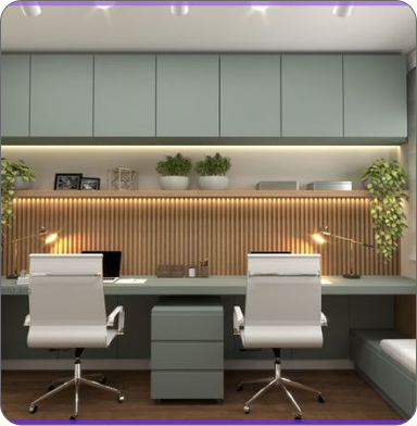 Comfortable office with plants, wooden desk, and two black chairs